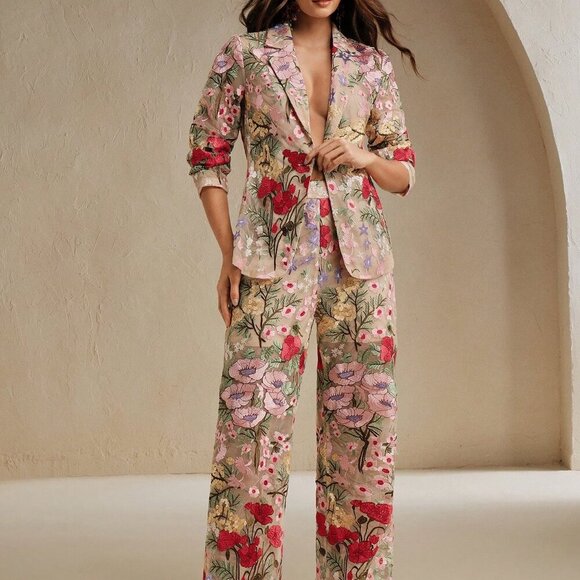 Multicolor Elegant Women's Hollow Out Print Blazer Collar Set